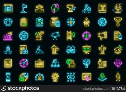 Successful career icons set. Outline set of successful career vector icons neon color on black. Successful career icons set vector neon