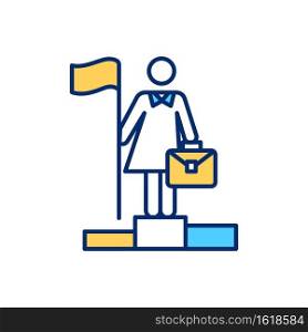 Successful career woman RGB color icon. Businesswoman on top of competition. Overcome challenge. Female worker. Superiority and achievement. Feminism movement. Isolated vector illustration. Successful career woman RGB color icon