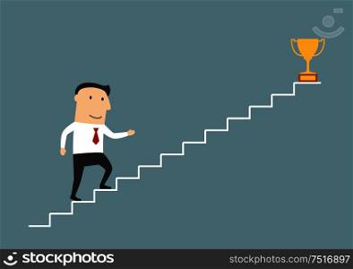 Successful cartoon smiling businessman walking up stairs to golden trophy as symbol of success. Use as stairs to success, goal achievement or leadership theme design. Businessman walking up stairs to sucess