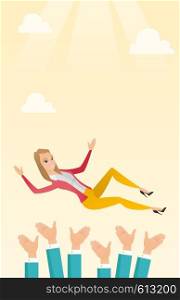 Successful caucasian business woman get thrown into the air by coworkers during celebration. Business woman during celebration of business success. Vector flat design illustration. Vertical layout.. Successful business woman during celebration.