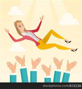 Successful caucasian business woman get thrown into the air by coworkers during celebration. Young business woman during celebration of business success. Vector flat design illustration. Square layout. Successful business woman during celebration.