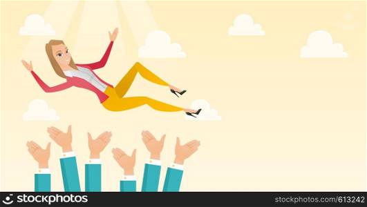 Successful caucasian business woman get thrown into the air by coworkers during celebration. Business woman during celebration of business success. Vector flat design illustration. Horizontal layout.. Successful business woman during celebration.