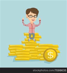 Successful caucasian business woman sitting on stack of golden coins. Young cheerful business woman sitting on a pile of golden coins with raised hands. Vector cartoon illustration. Square layout.. Happy business woman sitting on golden coins.