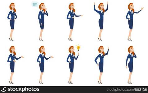 Successful caucasian stewardess standing with raised arms up. Full length of stewardess celebrating success with raised arms up. Set of vector flat design illustrations isolated on white background.. Vector set of stewardess characters.