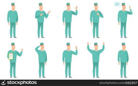Successful caucasian surgeon standing with raised arms up. Happy surgeon celebrating success. Successful surgeon giving thumbs up. Set of vector flat design illustrations isolated on white background.. Vector set of surgeon characters.