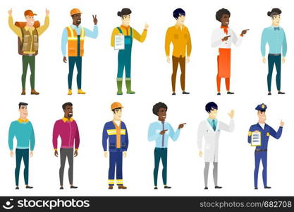 Successful caucasian traveler standing with raised arms up. Full length of young happy traveler celebrating with raised arms up. Set of vector flat design illustrations isolated on white background.. Vector set of professions characters.