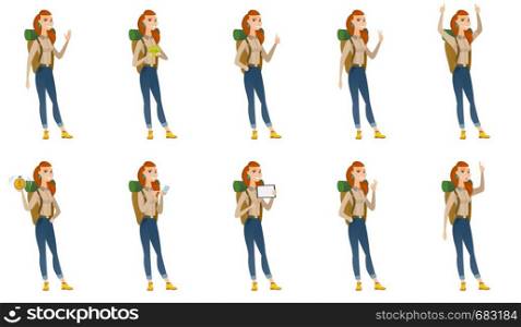 Successful caucasian traveler standing with raised arms up. Successful traveler giving thumbs up. Traveler celebrating success. Set of vector flat design illustrations isolated on white background.. Vector set of traveler characters.