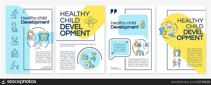 Successful child development blue and yellow brochure template. Safe childhood. Leaflet design with linear icons. 4 vector layouts for presentation, annual reports. Questrial, Lato-Regular fonts used. Successful child development blue and yellow brochure template