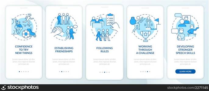 Successful child development blue onboarding mobile app screen. Walkthrough 5 steps graphic instructions pages with linear concepts. UI, UX, GUI template. Myriad Pro-Bold, Regular fonts used. Successful child development blue onboarding mobile app screen