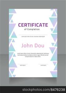 Successful completion of project certificate design template. Vector diploma with customized copyspace and borders. Printable document for awards and recognition. Cairo, Calibri Regular fonts used. Successful completion of project certificate design template