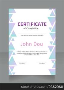 Successful completion of project certificate design template. Vector diploma with customized copyspace and borders. Printable document for awards and recognition. Cairo, Calibri Regular fonts used. Successful completion of project certificate design template