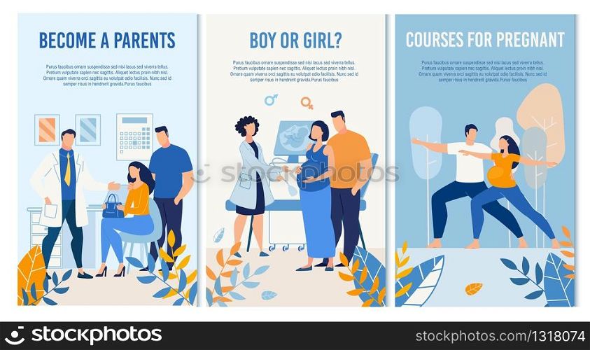 Successful Conception Ultrasound Checkup, Courses for Pregnant, Pregnancy Management Maternal Prenatal, Child Sex Determination Services Set. Advertising Banners or Posters Design. Vector Illustration. Pregnancy Management Maternal Prenatal Service Set