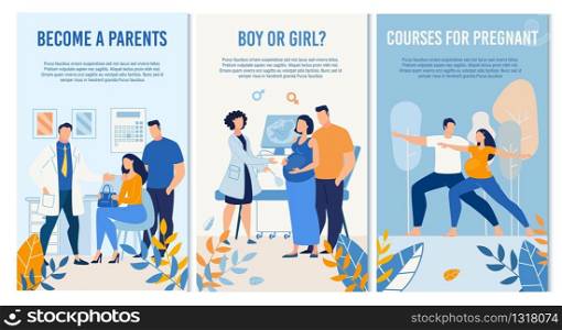 Successful Conception Ultrasound Checkup, Courses for Pregnant, Pregnancy Management Maternal Prenatal, Child Sex Determination Services Set. Advertising Banners or Posters Design. Vector Illustration. Pregnancy Management Maternal Prenatal Service Set