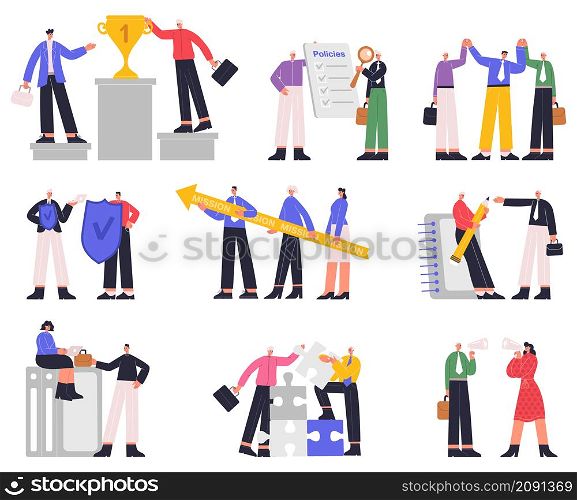Successful corporate relations policy, company business ethics. Workplace business corporate culture, company policy vector illustration set. Business ethics scenes. Office teamwork organization. Successful corporate relations policy, company business ethics. Workplace business corporate culture, company policy vector illustration set. Business ethics scenes