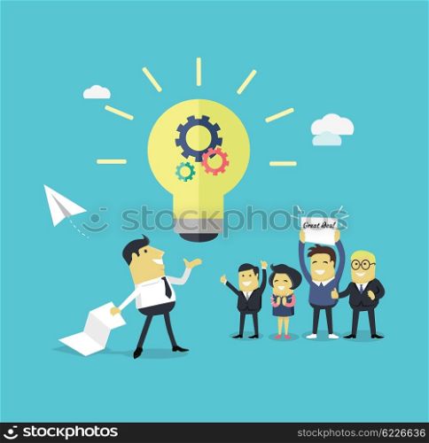 Successful Design Concept Great Idea. Successful design concept great idea design flat. Businessman with a piece of paper in his hand creates a new idea. Business work employee happily support colleague with banner. Vector illustration