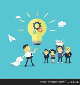 Successful Design Concept Great Idea. Successful design concept great idea design flat. Businessman with a piece of paper in his hand creates a new idea. Business work employee happily support colleague with banner. Vector illustration