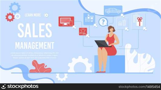 Successful Digital Marketing and Sales Management Landing Page. Cartoon Female Freelancers or Bloggers Working on Laptop Choosing Business Strategy. Targeting n E-Commerce. Vector Flat Illustration. Virtual Sales Management Business Landing Page