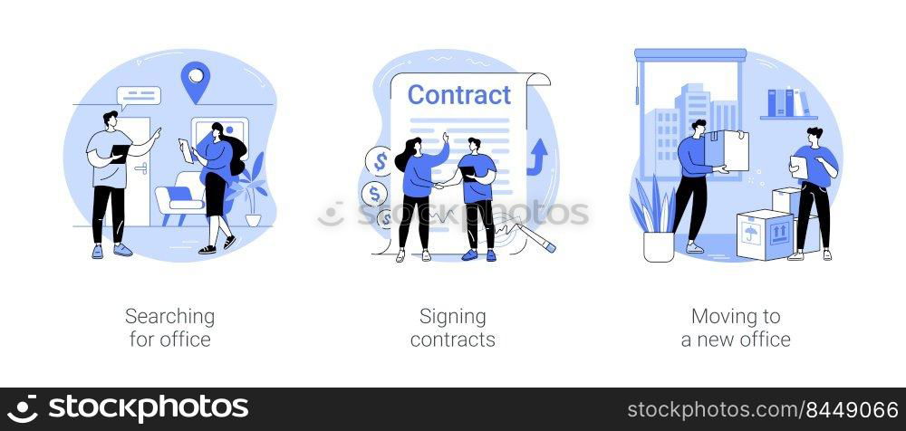 Successful entrepreneurship isolated cartoon vector illustrations set. Searching for corporate  a workplace, signing contracts, business agreement, moving to a new office, coworking vector cartoon.. Successful entrepreneurship isolated cartoon vector illustrations se