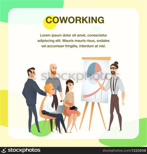 Successful Freelancer Character Meeting Banner. Businessman Pointing on Flip Chart with Diagram, Graph infront of Colleague. Coworking Creative Team. Cartoon Flat Vector Illustration. Successful Freelancer Character Meeting Banner