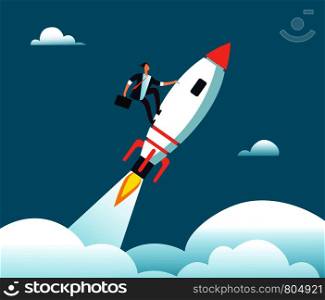Successful happy businessman flying on rocket to goal. Leadership, start-up, growth and opportunity vector business cartoon concept. Successful and innovation professional leader illustration. Successful happy businessman flying on rocket to goal. Leadership, start-up, growth and opportunity vector business cartoon concept