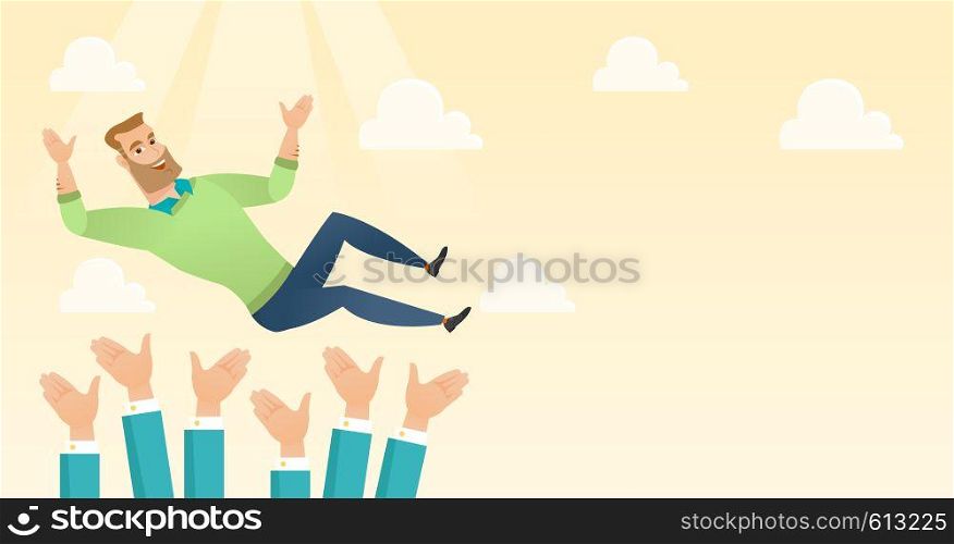 Successful happy caucasian businessman get thrown into the air by coworkers during celebration. Celebration of business success. Vector flat design illustration. Horizontal layout.. Successful businessman during celebration.