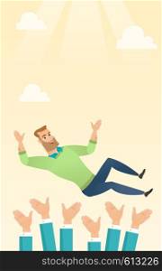 Successful happy caucasian businessman get thrown into the air by coworkers during celebration. Celebration of business success. Vector flat design illustration. Vertical layout.. Successful businessman during celebration.