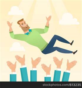 Successful happy caucasian businessman get thrown into the air by coworkers during celebration. Celebration of business success. Vector flat design illustration in the circle isolated on background.. Successful businessman during celebration.