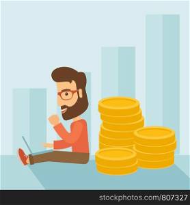 Successful hipster Caucasian businessman with beard is sitting with a pile of gold coins on his back and a laptop on his lap. Winner concept. A contemporary style with pastel palette soft blue tinted background. Vector flat design illustration. Square layout. . Businessman is sitting with pile of gold coins on his back.