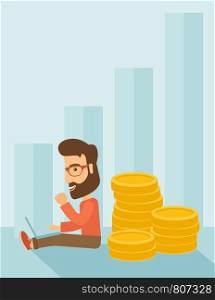 Successful hipster Caucasian businessman with beard is sitting with a pile of gold coins on his back and a laptop on his lap. Winner concept, A contemporary style with pastel palette soft blue tinted background. Vector flat design illustration. Vertical layout with text space in left top part.. Businessman is sitting with pile of gold coins on his back.
