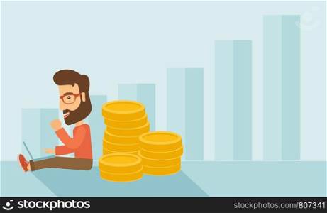 Successful hipster Caucasian businessman with beard is sitting with a pile of gold coins on his back and a laptop on his lap. Winner concept, A contemporary style with pastel palette soft blue tinted background. Vector flat design illustration. Horizontal layout with text space in top left side .. Businessman is sitting with pile of gold coins on his back.