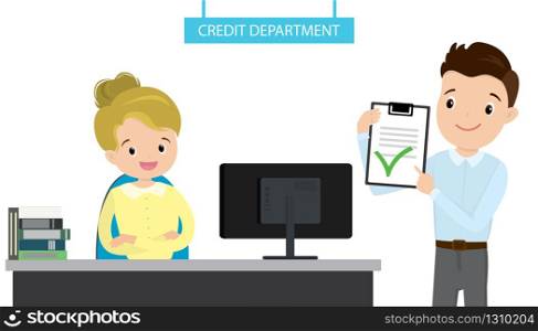 Successful interview in the credit department, a man with a paper sheet with approved stamp and smiling woman bank worker, vector illustration