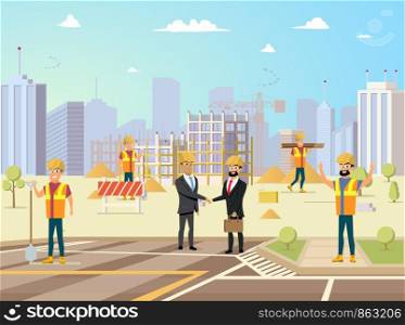 Successful Investments in Real Estate Flat Vector Concept with Satisfied Business Partners in Helmets Making Deal and Shaking Hands, Happy Smiling Builders Working on Construction Site Illustration