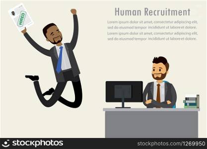 Successful job interview, job search concept, human resources,joyful jumping african american male with resume,cartoon vector illustration
