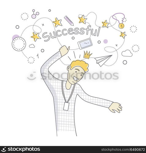 Successful Man Dancing. Happy man dancing. Man dancing icon. Successful man having fun and dancing. Man rejoices, celebrates his victory, success, winner. Successful banner. Line art. Isolated object on white background.