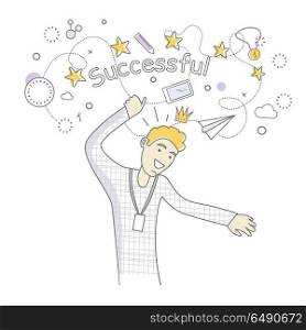 Successful Man Dancing. Happy man dancing. Man dancing icon. Successful man having fun and dancing. Man rejoices, celebrates his victory, success, winner. Successful banner. Line art. Isolated object on white background.