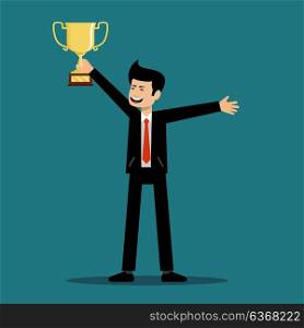 Successful man holds a cup of the winner. Vector illustration