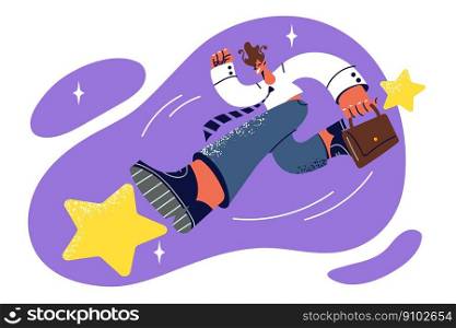 Successful man in business clothes runs among space stars symbolizing desire for professional growth. Businessman is in hurry to get new opportunities and achieve goals to increase company income. Successful man in business clothes runs among space stars symbolizing desire for professional growth