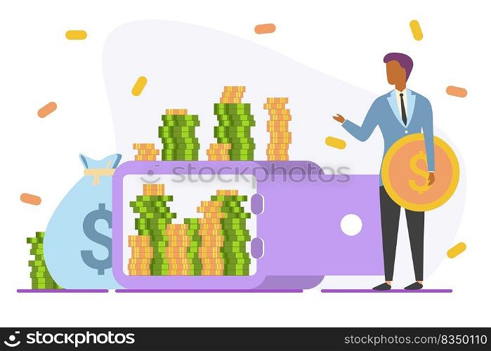 Successful man puts money on deposit safe with coins and portfolio. Concept of bank account, banking, deposit. Successful man puts money on deposit safe with coins and portfolio. Concept of bank account, banking, deposit.
