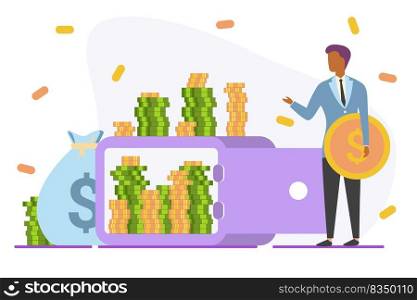 Successful man puts money on deposit safe with coins and portfolio. Concept of bank account, banking, deposit. Successful man puts money on deposit safe with coins and portfolio. Concept of bank account, banking, deposit.