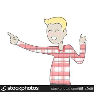 Successful Man with Thumb Up Gesture. Happy smiling man in red shirt. Man icon. Successful man with thumb up gesture. Man rejoices, celebrates his victory, success, winner. Successful banner. Isolated object on white background