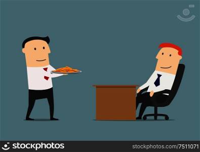 Successful manager brings money or profit on a silver platter to businessman. Easy money or profit concept. Manager giving profit on a silver platter to boss