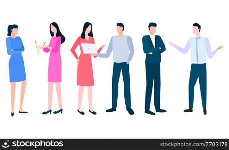 Successful managers leading conversations, man and woman discussing business issues. Vector people arguing how to write business plan, brokers cooperation. Managers Leading Conversations, Man and Woman