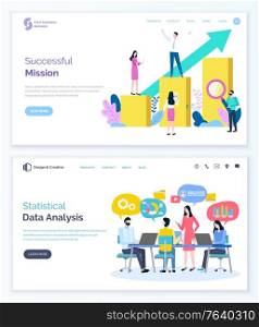Successful mission and business plan analysis vector, meeting of people. Brainstorming of partners, ways to reach perfection and success. Website or webpage template, landing page flat style. Successful Mission and Data Analysis Business Web