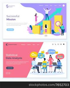 Successful mission and data analysis vector, achieving success and results businessman with workers colleagues. Business conference in office. Website or webpage template, landing page flat style. Successful Mission and Data Analysis Websites