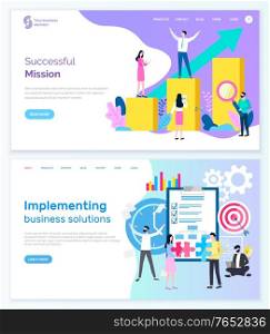 Successful mission and implementing business solution vector. People with tool magnifying glass and growing charts with blue arrow going up. Website or webpage template, landing page flat style. Successful Mission and Implementing Business Web
