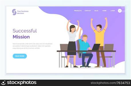 Successful mission, man and woman with rising hands, company leadership. People communication with laptop, teamwork cooperation, community vector. Website or app slider template, webpage in flat style. Workers Rising Hands, Successful Mission Vector