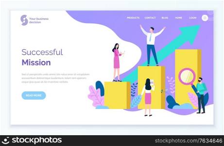 Successful mission of leader vector, person standing on top of chart. Workers helping businessman assistants managing and analyzing stats. Website or webpage template, landing page flat style. Successful Mission Businessman Leader Achievement