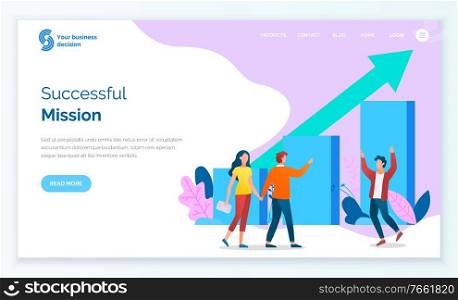 Successful mission of team, teamwork achieving results and success. People celebrating development of company or organization. Infochart and arrow. Website or webpage template, landing page vector. Successful Mission of Teamwork, Website Web Page