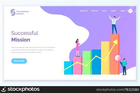 Successful mission, people with business plan. Stats and analytics analysis of information. Businessman achieve results in field, male with glass. Vector illustration in flat cartoon style. Successful Mission Website with People Charts
