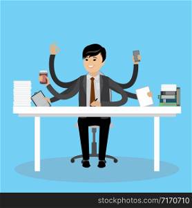 Successful multitasking asian businessman on workplace,flat office worker or employee male,flat vector illustration